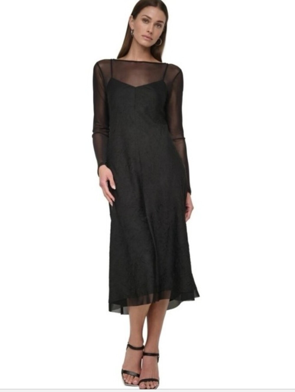 NWT Black Mesh Overlay Maxi Dress Size 14 Sheer Long Sleeve Slip $139 Party